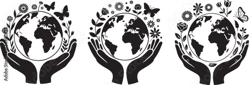 Hands holding planet earth with flowers and butterflies green eco conservation icon