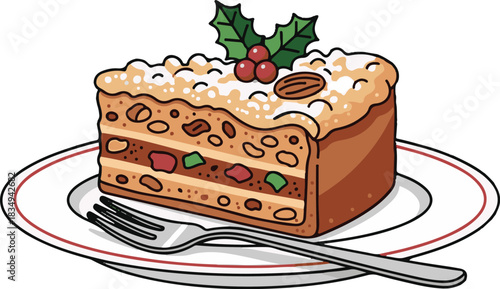 A festive slice of traditional Christmas fruitcake, garnished with holly and dusted with powdered sugar, served on a plate with a fork