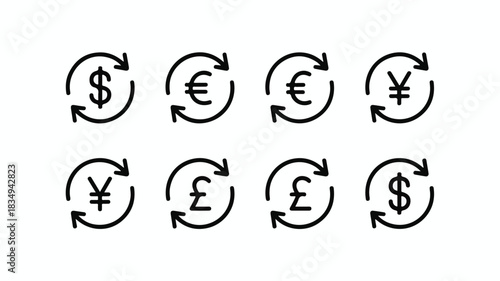 Currency exchange icons with circular arrows for dollar euro yen and pound sterling money finance