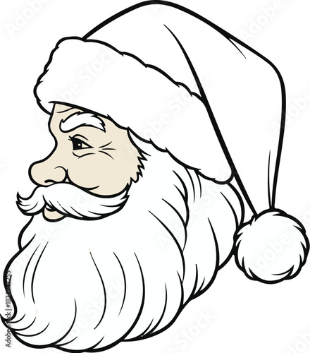 A classic black and white line art illustration of Santa Claus's head in profile view. A vintage-style drawing for Christmas and winter holiday designs