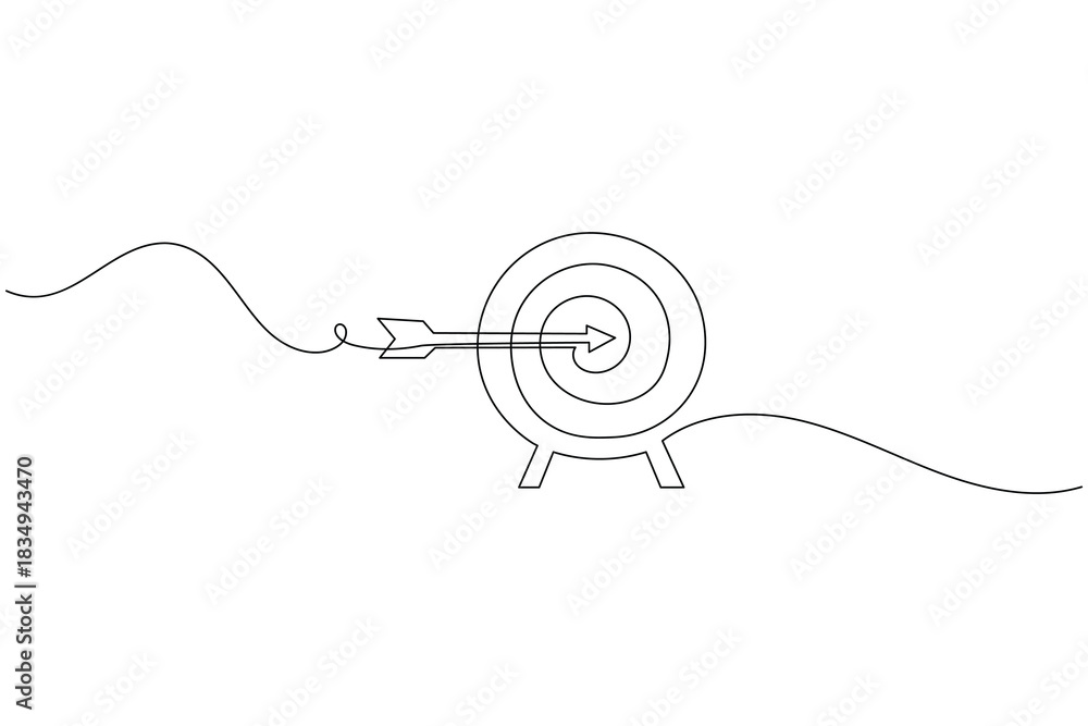 Obraz premium Continuous line drawing of target hit by arrow, goal achievement