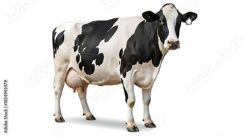 Full body photo of a healthy black and white dairy cow standing isolated on a pure white background, clearly displaying its distinctive spotted coat and prominent udders, representing farm life