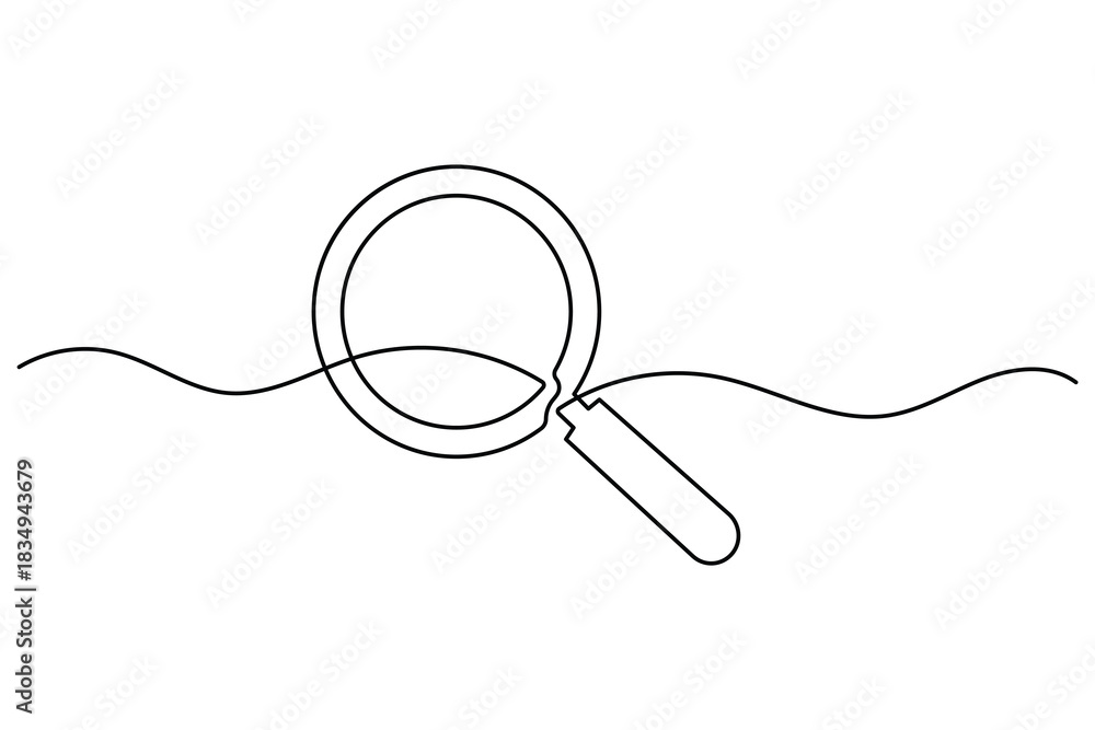 Obraz premium Continuous line drawing of a magnifying glass for search and analysis