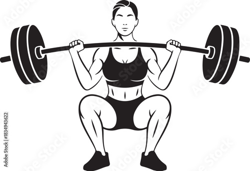 Weightlifter performing squat with heavy barbell on shoulders fitness illustration workout