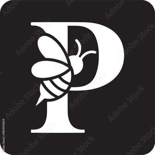 Black and white monogram logo featuring a bee creatively integrated with the letter p
