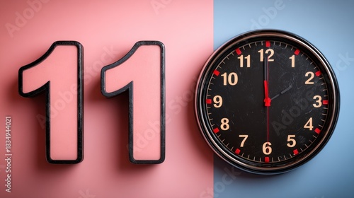 Clock displaying six o clock next to number eleven against two tone background