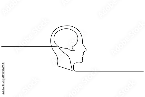 One continuous line drawing of human head with internal speech bubble