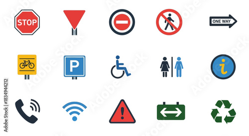 A collection of brightly colored vector road signs and symbols are displayed against a white background, providing essential traffic and public information.