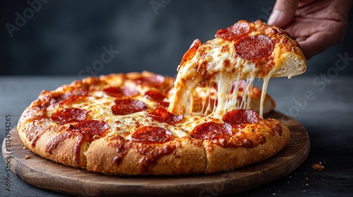 Delicious pepperoni pizza slice with melted cheese being lifted from the whole pie