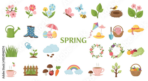 Vector flat illustration showcases a collection of Spring elements like flowers, gardening tools, and food items, in a cheerful composition against a white background.
