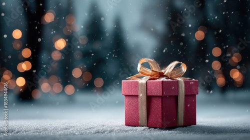 Christmas gift box in a snowy winter scene with bokeh lights and falling snow