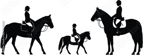 Horseback riding silhouettes, riders of different ages and sizes, adult woman and man, child on pony, classic equestrian sport training, black and white outline vector