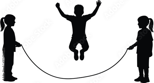 Children silhouette playing jump rope game together, boy in middle leaping high with arms raised, two girls turning rope, fun childhood activity, outdoor exercise, isolated vector illustration.