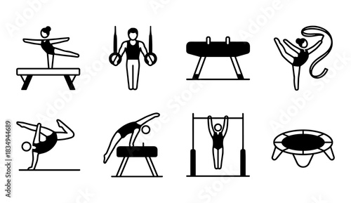 Gymnastics, Vaulting, Pommel horse, Bar routine, Trampoline icon logo flat vector design