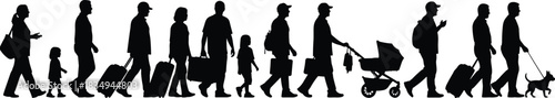 Traveling people silhouette crowd, diverse group walking together with luggage, families, tourists, business travelers, pets, continuous flow black and white vector
