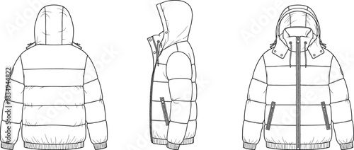 Technical puffer jacket flat sketch, hooded coat template, back, side, front view vector illustration, winter outerwear garment, detailed CAD drawing