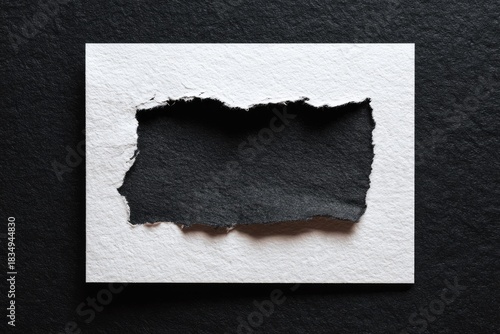 Textured white paper with a torn rectangular hole against a dark background