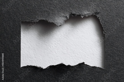 Close-up of ripped black paper revealing textured white paper, stark contrast
