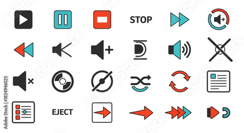 An outlined icon set of media player controls is displayed with a flat design and bright colors against a white background, perfect for UI design elements.