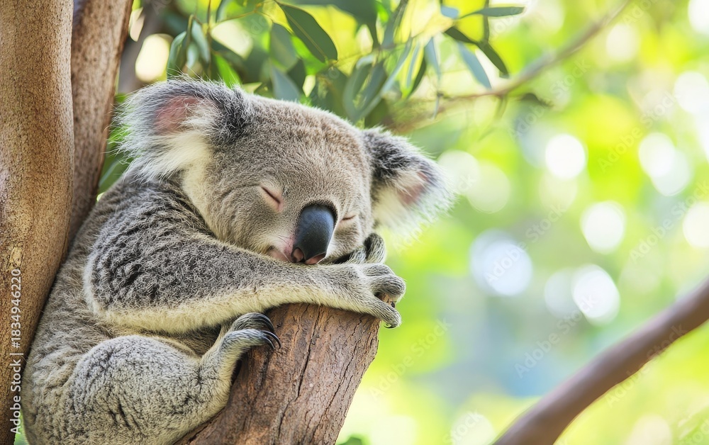 Fototapeta premium Adorable koala bear sleeping peacefully on a eucalyptus tree branch, surrounded by green leaves in its natural Australian habitat