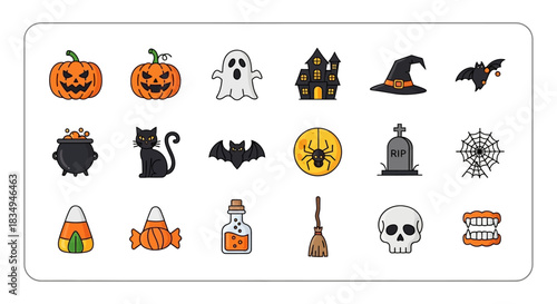 Isolated against a white backdrop, a flat vector collection of Halloween icons, including pumpkins, ghosts, bats, and a skull, represents the spooky holiday season.