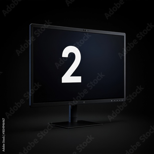 A black computer monitor shows the number two on the screen in a low light office space during working hours