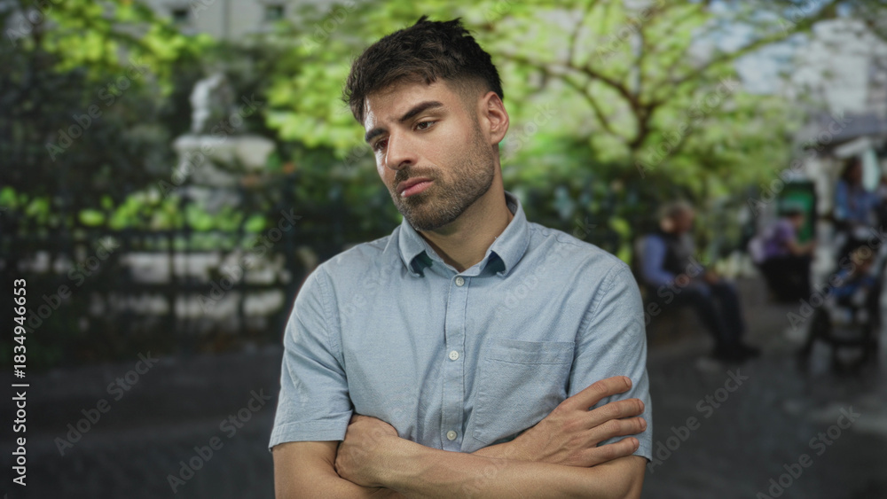 Fototapeta premium Young man standing with arms crossed in green park outdoors wearing light blue shirt under sunlight; rejection.