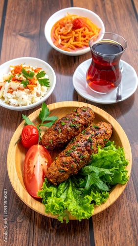 Wooden platter of grilled meat with salad, pasta, and tea