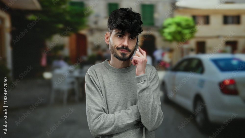 Fototapeta premium Young man standing on an urban street with a thoughtful expression, wearing a gray sweater, speaking on a smartphone against a backdrop of a lively, bustling cityscape.