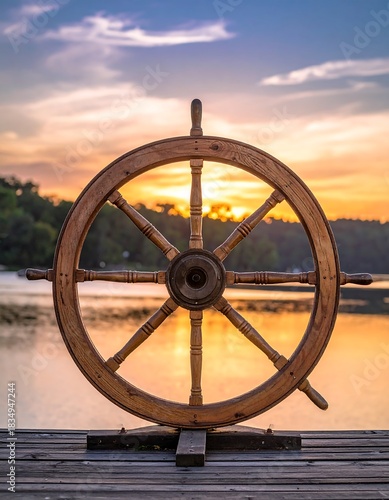Wooden ship's wheel at sunset over water