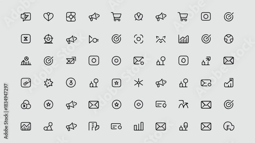 A meticulously crafted collection of vector icons representing various business and marketing concepts, rendered in a clean, minimalist style