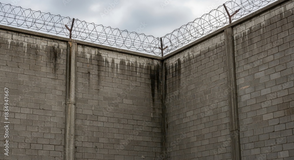 Fototapeta premium Contrasting confinement composition showcasing a wall topped with sharp barbed wire security