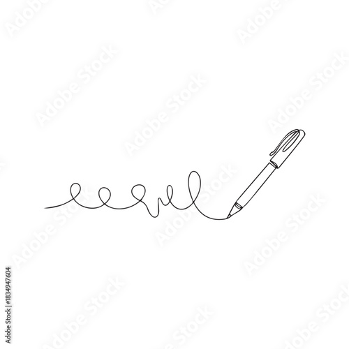 Continuous one line drawing of a pen writing a flowing line. Minimalist vector art illustration of a signature or writing concept.
