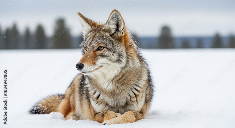 Naklejka premium Coyote resting in winter wonderland, showcasing natural beauty of wildlife on snowfield plains
