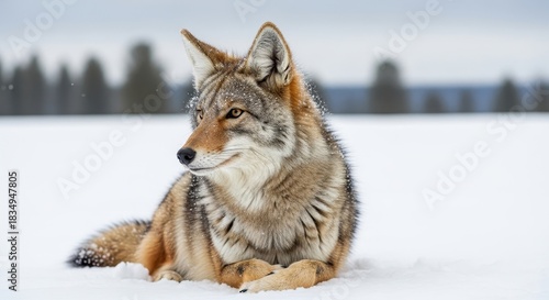 Coyote resting in winter wonderland, showcasing natural beauty of wildlife on snowfield plains