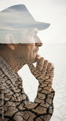 Contemplative portrait blending arid land and thoughtful gaze against a serene skyline