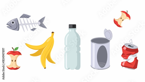 A collection of various waste items including food scraps and plastic bottles.