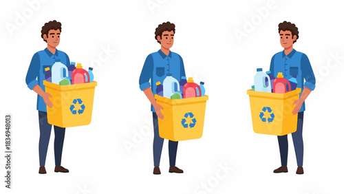 Man carrying recycling bin with plastic bottles and containers.