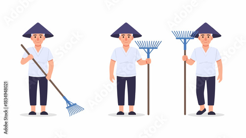 Set of an Asian farmer character in a conical hat holding a rake in various poses, isolated on a white background.