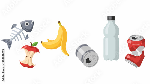 A collection of organic and recyclable waste items, illustrating different types of trash for sorting.