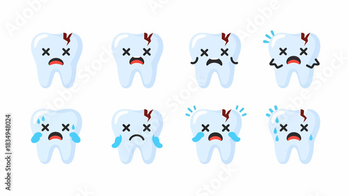 Set of cute but unhealthy cartoon teeth characters with cracks, expressing pain and sadness from decay and cavities.
