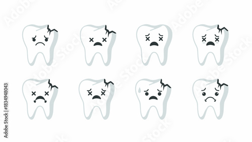 Illustration of cartoon teeth with various expressions, showing signs of decay and damage.
