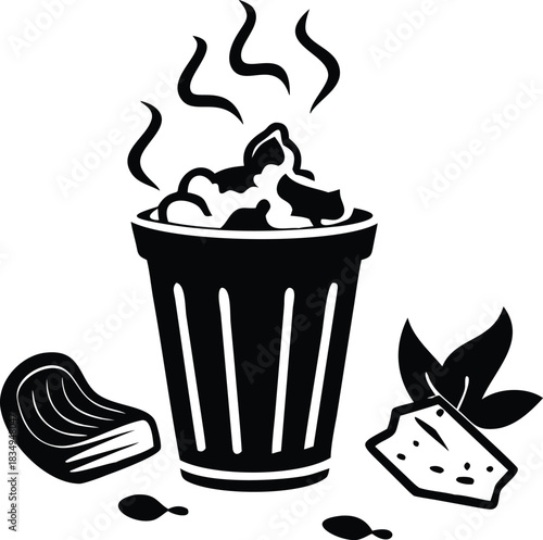 A black and white illustration depicts a trash can with discarded food items