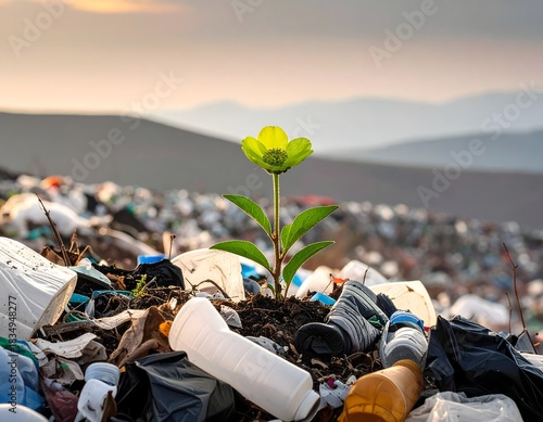 Bright plant rising from garbage mound showing powerful message of nature resilience high resolution picture