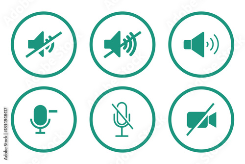 Volume Icon set. Loudspeaker Mute and unmute volume sound flat vector icons for video apps and websites. Speaker volume icon -audio voice sound symbol media music. Simple black line flat glyph vector