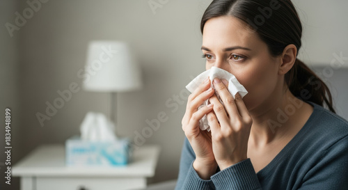 Mycoplasma pneumonia results in respiratory illness with woman wiping her nose with tissue, she is suffering from flu and cold symptoms. Mycoplasma pneumonia treatment needed for viral infection.