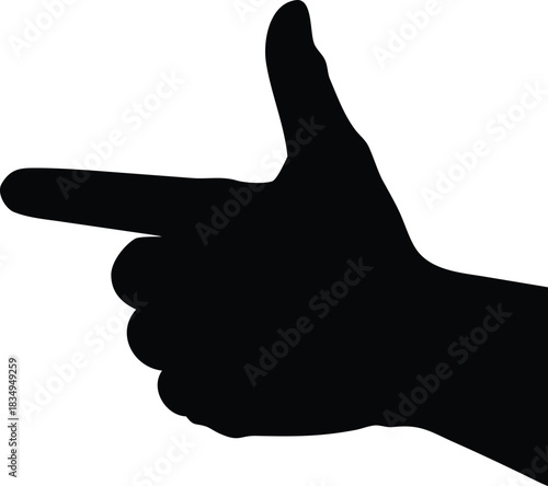 A black silhouette of a hand pointing to the left side clearly