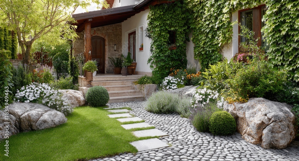 Obraz premium Beautiful home with lush landscaping, stone path, greenery, and charming porch