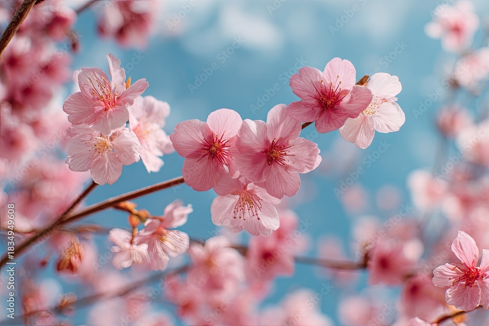 Obraz premium Close-up of delicate pink blooms set against a soft, bright blue sky with subtle wispy clouds