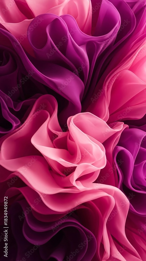 Obraz premium Wavy pink satin or chiffon fabric with flowing smooth folds. Abstract silk vertical background for celebration, elegant cosmetic design, advertising of clothing designers, couturiers or fabric stores.